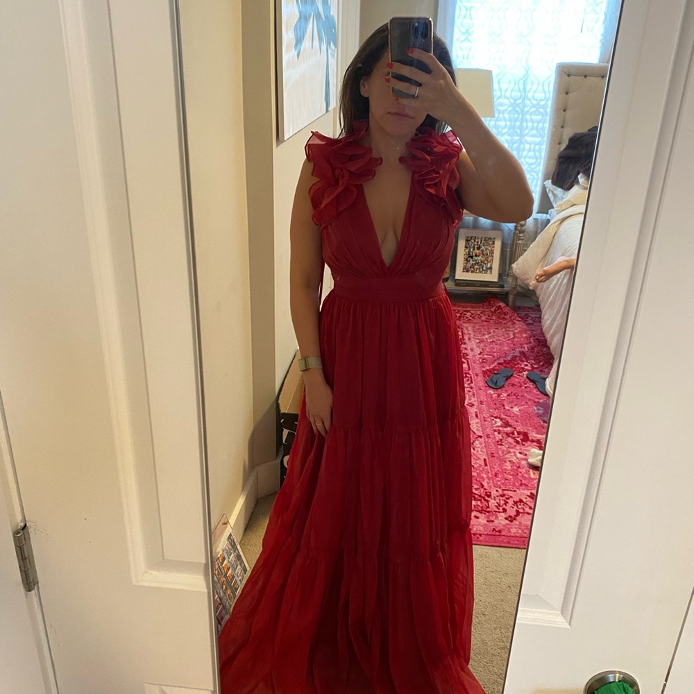 Max Duggal Ruffled Shoulder Red Evening Gown